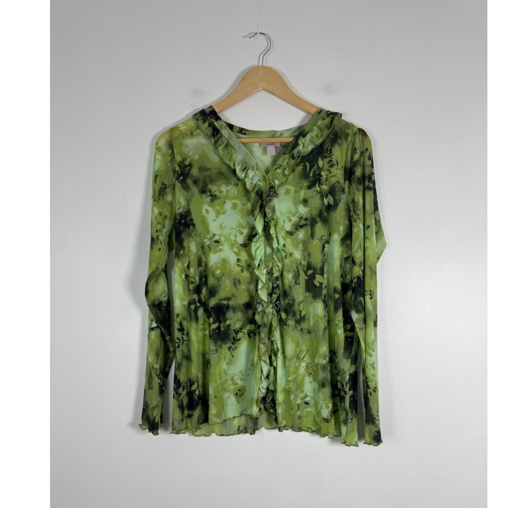 Fairycore LOGO Womens Medium Mesh‎ Ruffle Top Green Floral Long Sleeve
